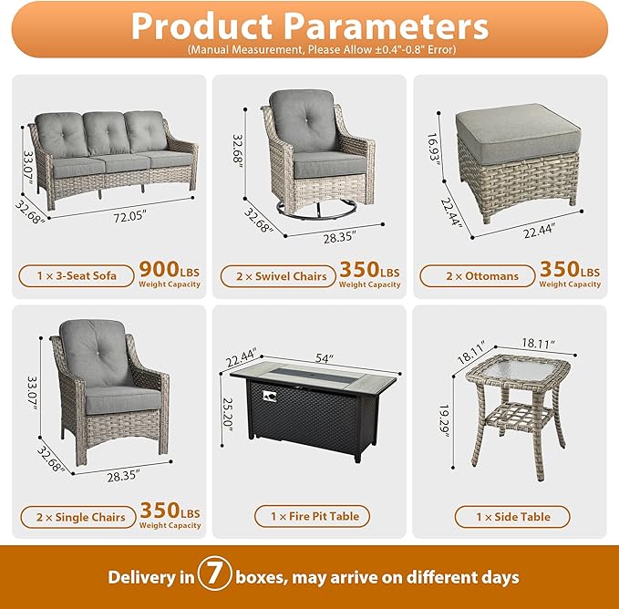 9 PCS Outdoor Patio Furniture Sets,Patio Conversation Sets Outside Rattan Soft Cushion Sofa with 2 Wicker Rocking Chairs & 54 in Fire Pit Table Fit Backyard Porch Garden Poolside Balcony,Dark Grey