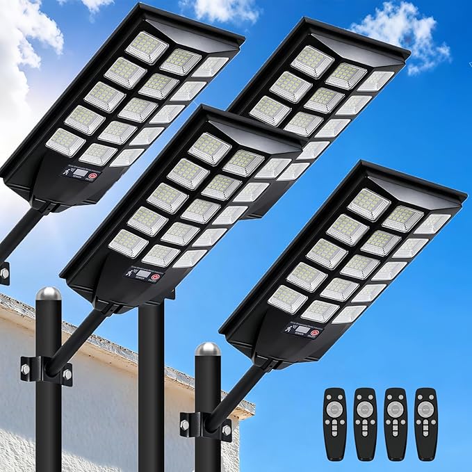 Jercoda Solar Lights Outdoor Waterproof, 6500K Dusk to Dawn Solar Street Light Motion Sensor with Remote, Solar Powered LED Security Flood Light for Outside Garden Yard Parking Lot Pathway, 4PACK