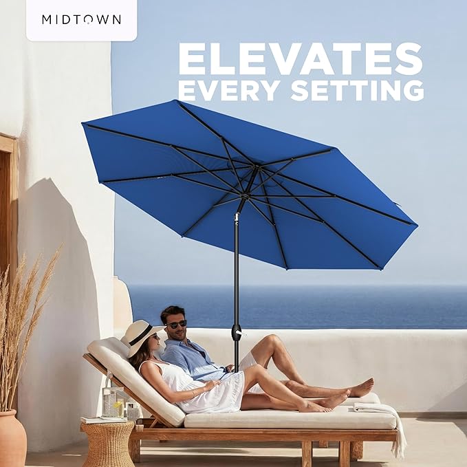 Midtown Umbrellas – The Lean 9 Ft Patio Umbrella with 10-Year-No-Fade Acrylast Acrylic Fabric, Auto-Tilt and 8 Reinforced Ribs for Deck, Pool, Garden, Hotel & Cafes – Deep Atlantic Canopy, Black Pole