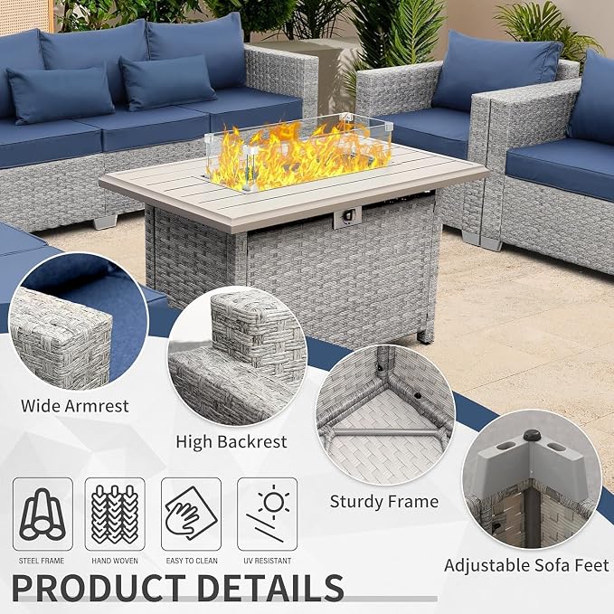 6-Piece Wicker Outdoor Patio Furniture Set with PE Rattan Sectional Sofa, Conversation Set and Fire Pit Table for Backyard Patio(Green)