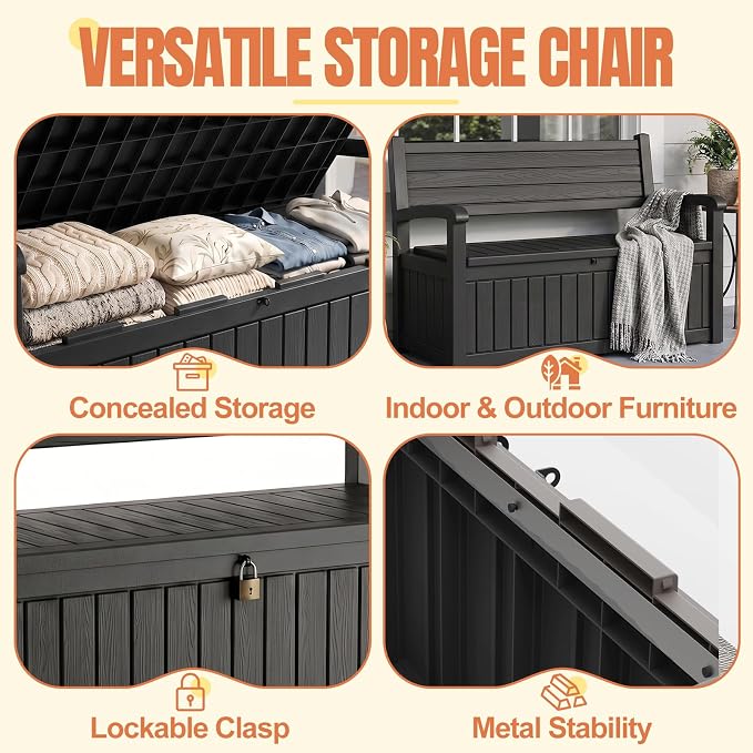 Storage Bench Outdoor Deck Box,100 Gallon Waterproof & UV Resistant Lockable Patio Furniture Seating.Indoor/Outdoor Shoe Storage Cabinet for Garden Cushions,Tools,Patio,Pool Supplies(Black)