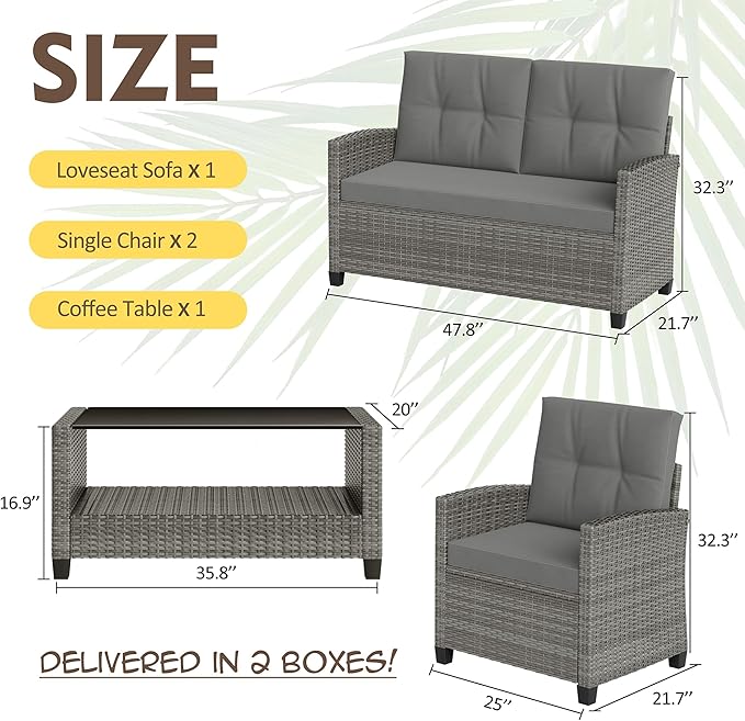 Shintenchi 4 Piece Patio Furniture Set, Outdoor Rattan Conversation Set with Coffee Table, Outside Wicker Sectional Sofa Couch with Cushion, Gray