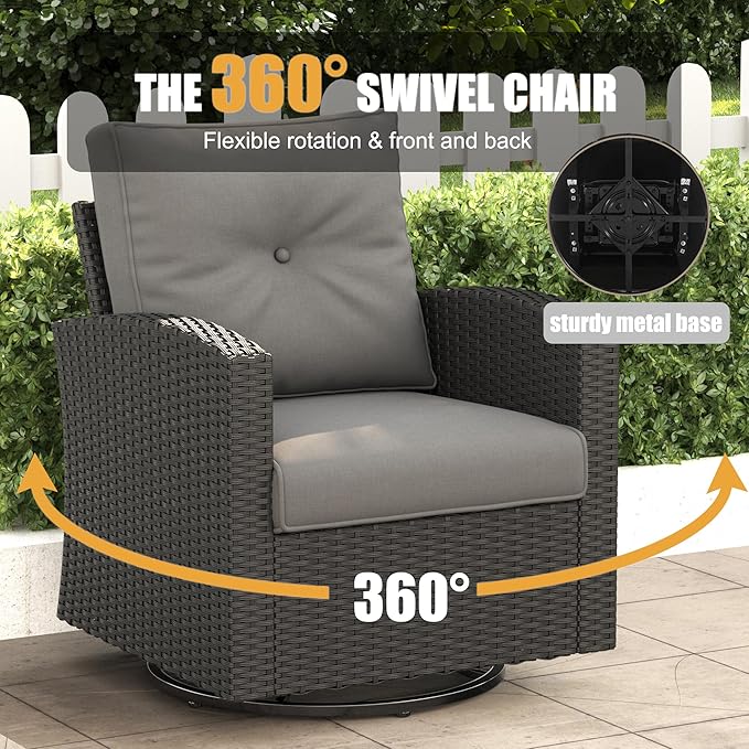 LayinSun 9 Pieces Patio Furniture Set with Fire Pit Table, Black Rattan Modular Sectional Outdoor Conversation Sofa Set, Swivel Rocking Chairs Set