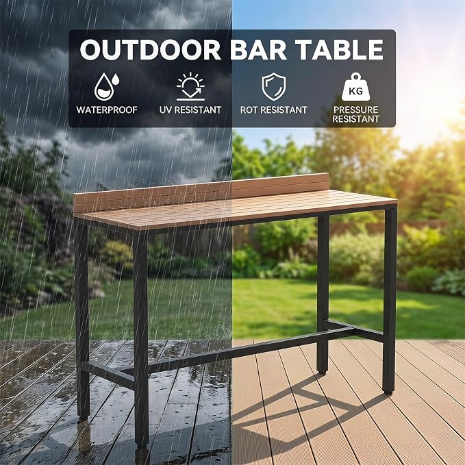 Outdoor Patio Bar Height Table with Baffle, Weather Resistant High Counter Table Porch Pub Tables Wood-Plastic Tabletop, for Poolside Garden Balcony Restaurant Cafe(White,78.7"x15.7"x40.5")