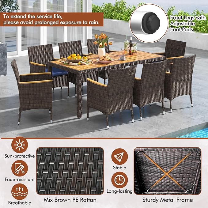 COSTWAY 9-Piece Patio Dining Set for 8, Outdoor Rattan Wicker Table and Chairs Furniture Set with Umbrella Hole, Acacia Wood Tabletop for Backyard, Balcony, Poolside, Brown & Navy