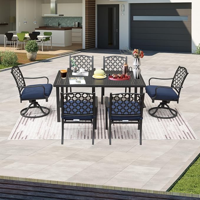 Domi Outdoor 7 pcs Patio Dining Set, Metal Dining Table, Swivel and Dining Chairs Conversation Set with Removable Navy Blue Cushions for Garden Lawn Yard