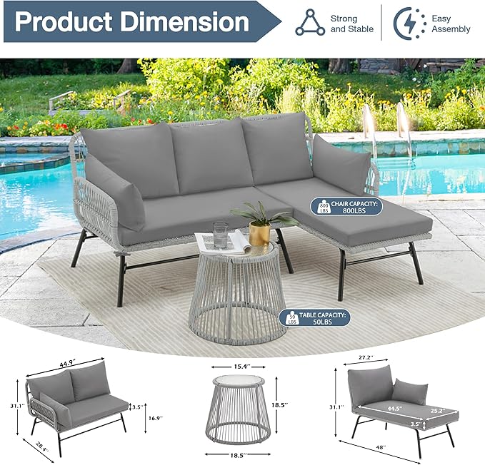 EROMMY 3 Piece Boho Patio Conversation Sets, L-Shaped Sectional Patio Furniture Sofa Set with Thick Cushions and Toughened Glass Coffee Table for Backyard Balcony Garden Porch, Gray