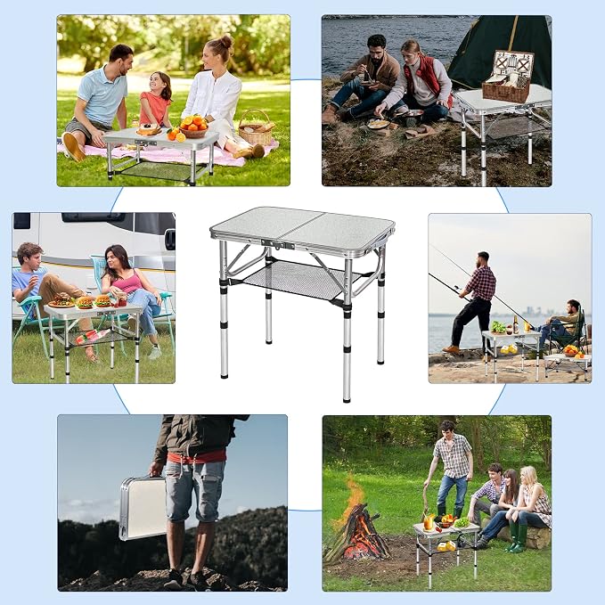 Small Folding Table with Storage Net, 24" x 16" Portable Foldable Camping Table with 3 Adjustable Height, White Metal Table for Beach, Patio, BBQ