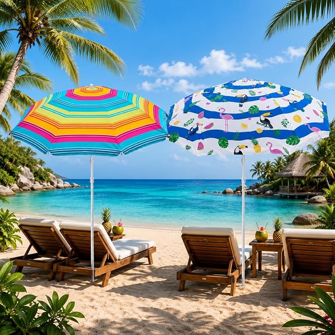 PMU 2 Pcs Set Beach Umbrella 72in Open – Tropical Flamingo Print & Rainbow Stripe, 160G Polyester Large Outdoor Patio Pool Parasol Umbrella for Garden, Deck, Backyard & Pool