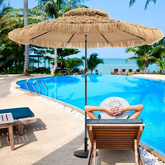 Tangkula 9 ft Thatched Patio Umbrella, 2 Tier Hawaiian Style Grass Beach Umbrella with 32 Led Lights, Center Light, Solar Tiki Umbrella with 8 Ribs, Tilt Adjustment, Manual Crank for Backyard Pool