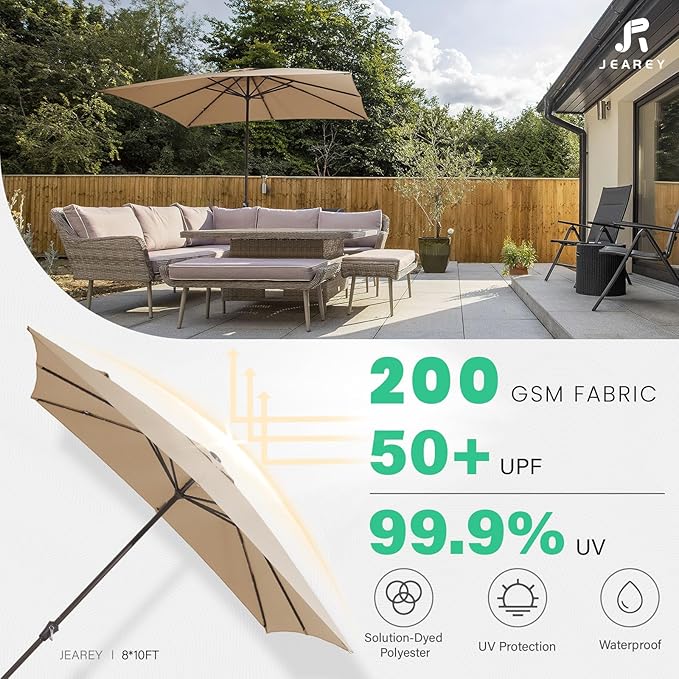 JEAREY 8x10 ft Rectangular LED Lighted Patio Umbrellas Outdoor Solar Table Market Umbrella w/Crank, 8 Sturdy Ribs, UV Protection Waterproof Sunproof(Beige)