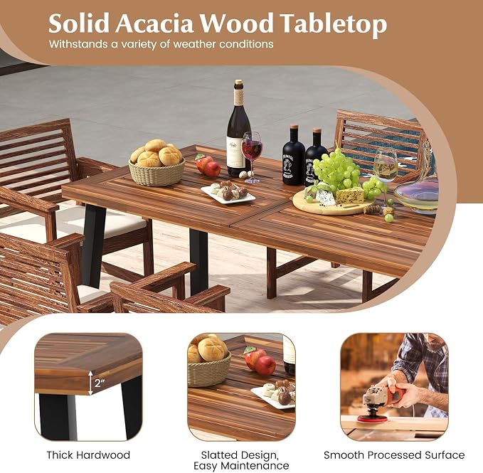 Tangkula 67.5 Inch Acacia Wood Outdoor Dining Table for 6, Patio Table with with Umbrella Hole & Metal Legs, Indoor & Outdoor Rectangular Table for Garden Park Poolside Porch
