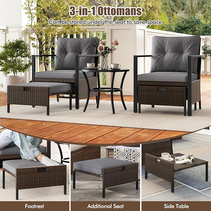 Tangkula 5 Piece Outdoor Furniture Set, Rattan Chairs & Ottomans w/Round Glass Topped Coffee Table, Space Saving Cushioned Patio Conversation Set for Backyard, Poolside (Gray)