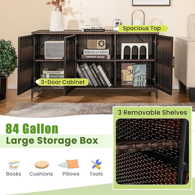 HAPPYGRILL Outdoor Rattan Wicker Deck Box Storage Cabinet, Patio Storage Container with 3 Doors and Removable Shelves, for Backyard Garden Poolside, 84 Gallon
