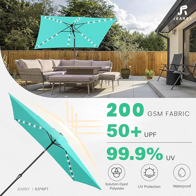 JEAREY 6.5x10 ft Rectangular LED Lighted Patio Umbrellas Outdoor Solar Table Market Umbrella w/Push Button Tilt/Crank, 6 Sturdy Ribs, UV Protection Waterproof Sunproof(Teal)