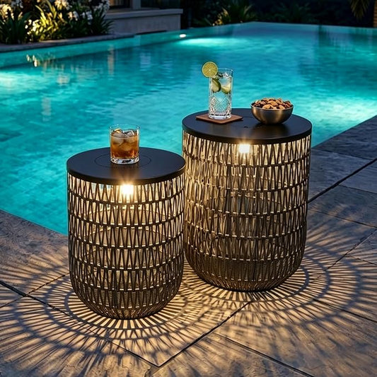 HMVPL Solar Patio Side Table Set of 2 with Dimmable Light, Round Outdoor Side Table for Patio, Outdoor End Accent Tables, Plastic Rattan Outside End Table for Poolside Backyard Gazebo, Dusk to Dawn