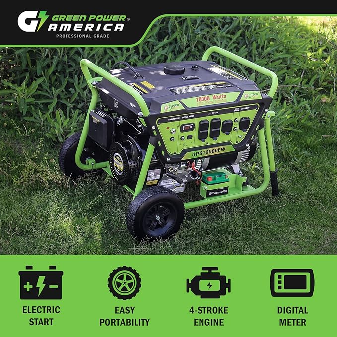 Green-Power America 10000 Watt Gasoline Powered Generator, Electric & Recoil Start, 12V/8.3A Charging Outlets, Whole House Backup & RV Ready, 49 State EPA Approved (Not for California Sale)