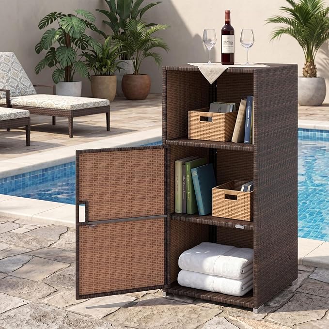 Tangkula Rattan Outdoor Storage Cabinet, Patiojoy PE Wicker Outdoor Cabinet with 3 Storage Shelves, Open Compartment and Door, Patio Storage Deck Box for Porch, Poolside, Backyard