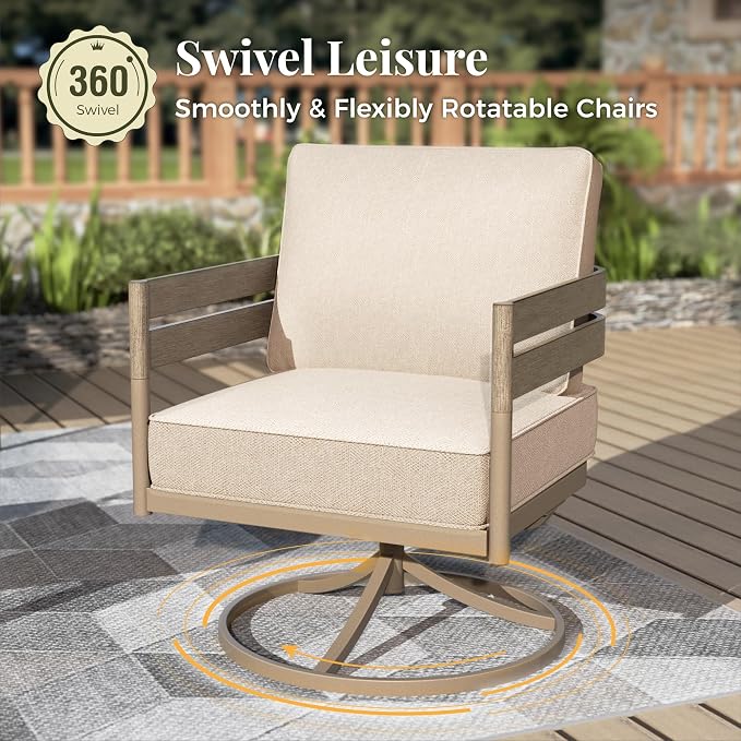 MIXPATIO 5-Piece Patio Outdoor Conversation Furniture Set with 2 Swivel Chairs, Steel Modern Outdoor Patio Conversation Sets with Thick Cushions for Porch, Balcony, Backyard - Beige