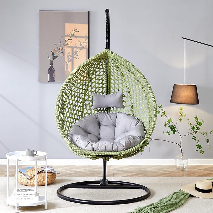 Hanging Egg Swing Chair with Stand, Rattan Wicker Hanging Egg Chair Hammock Indoor with Cushions, Swinging Chair for Bedroom Outdoor Patio Balcony Backyard Sunroom Heavy Duty 350LBS, Green