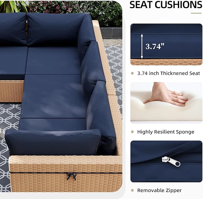 UPHA 5 Pieces Patio Furniture Sets, Wicker Outdoor Sectional Sofa Couch with Coffee Table, Patio Conversation Set for Deck Backyard Garden, Beige Rattan, Navy Blue Cushion