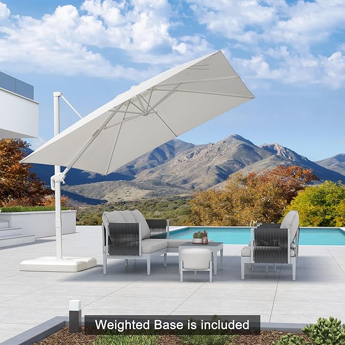 PURPLE LEAF 8 FT Patio Umbrella With Base White Cantilever Umbrella Square Outdoor Offset Umbrella Windproof with 360° Rotation for Garden Deck Pool, White