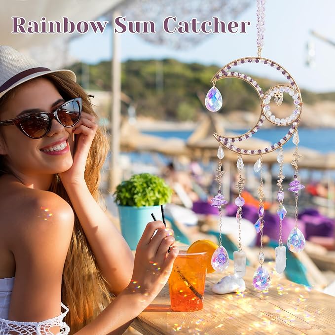 Crystal Suncatcher Moon Decor with Natural Stones Window Hanging-Purple | Handmade crystal decoration with natural stones, creates rainbow reflections for windows, bedrooms and home decor.