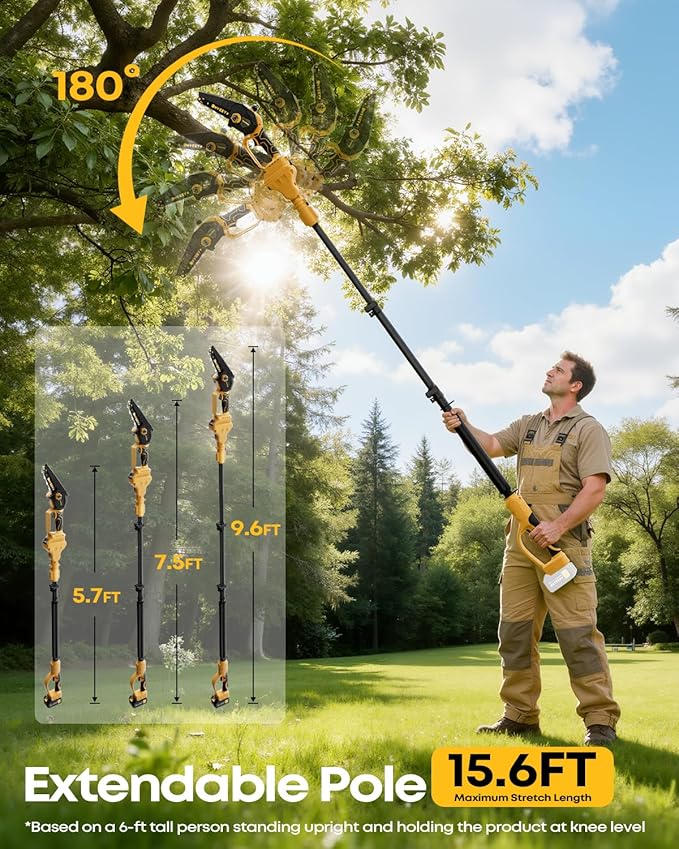 8-Inch Cordless Pole Saw for Tree Trimming, Compatible with DeWalt 20V Max, 15.6FT Extendable 2-in-1 Mini Chainsaw & Tree Trimmer, 800W Brushless [Tool Only - No Battery]
