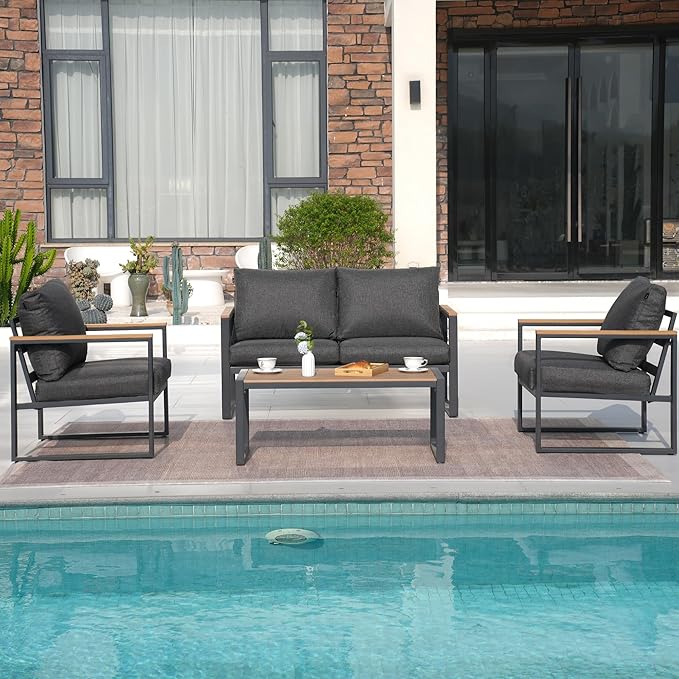 Patio Furniture Set, 4 Pieces Outdoor Patio Furniture with Coffee Table Set, Metal Patio Conversation Sets with Washable and High-Resiliency Sponge Cushions,Upgarded Grey