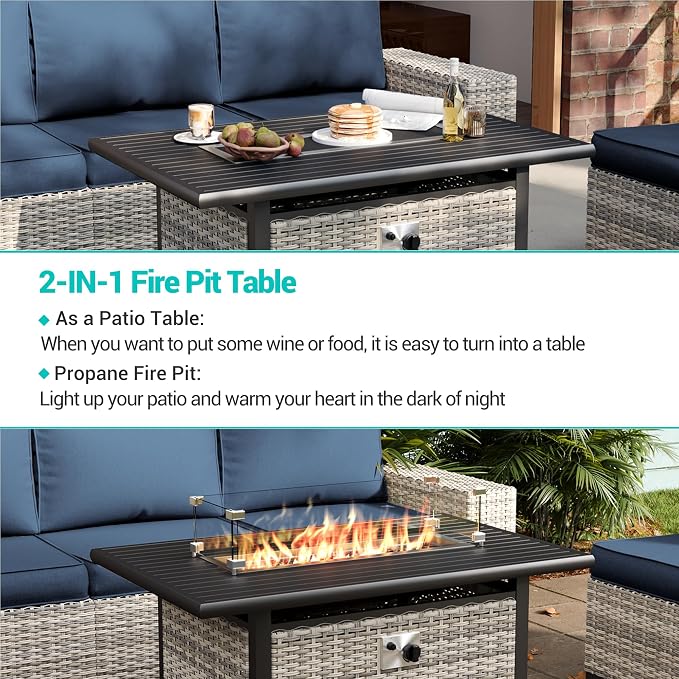 8-Piece Outdoor Patio Furniture Set with 55,000 BTU Fire Pit Table, PE Wicker Rattan Sectional Sofa Conversation Set - All-Weather Garden, Backyard Furniture, Navy Blue