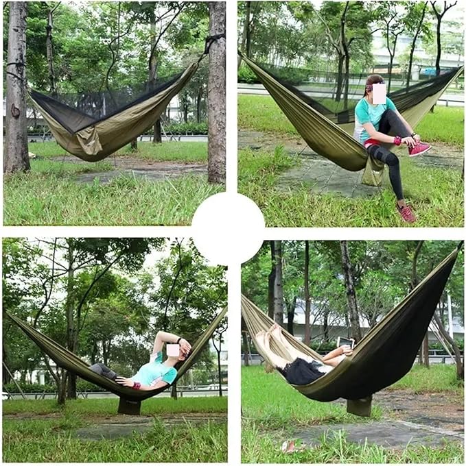 Hammocks, Camping Hammock with Mosquito Net Portable Parachute Strap Double Travel Hammock,Outdoor Backpacking Hammock Swing Chair,for Outside(Gray and Black)