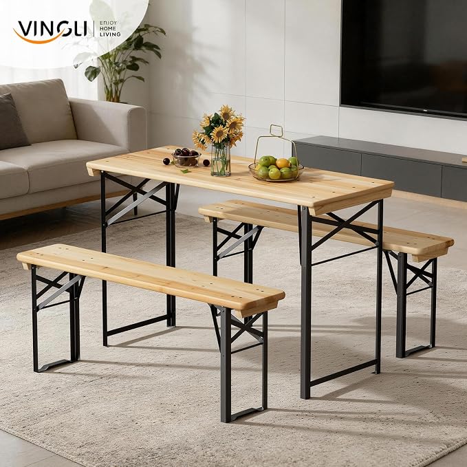 VINGLI 45 Inch Folding Picnic Tables with Benches Set, Weather-Resistant Wooden Beer Garden Table Bench, 3-Piece Portable Fold Up Camping BBQ Table,Natural Wood Color