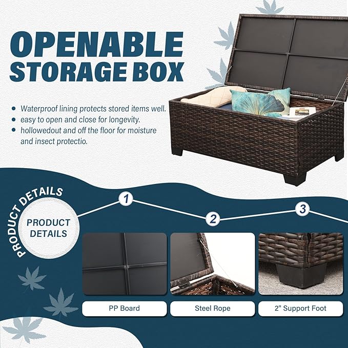 Wicker Patio Furniture Set 6 Pieces Outdoor Furniture Chairs and Couch Storage Table Anti-Slip Cushions and Waterproof Covers, Peacock Blue