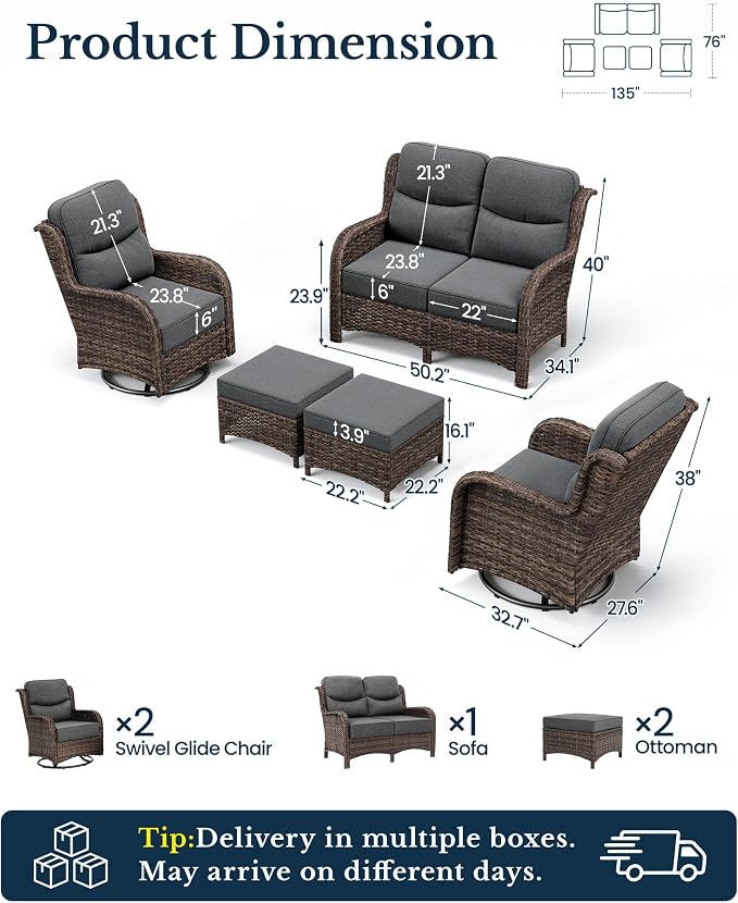 HILLGA Luxury High Back Patio Furniture Set with 6-Inch Thick Cushion, 5-Piece Outdoor Conversation Set with Loveseat, Swivel Rocker Chairs & Ottomans, Ideal for Porch Pool Deck Yard (Dark Grey)