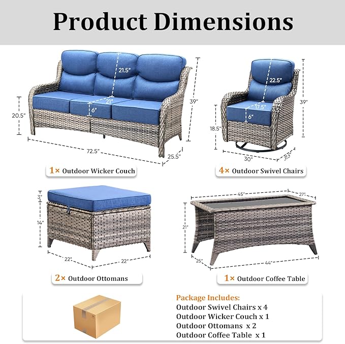 Luxury High Back Patio Furniture Set with 6-Inch Thick Cushions, 8-Pieces Outdoor Furniture with Swivel Chairs, Wicker Conversation Set for Porch, Balcony, Deck and Yard, Grey/Blue