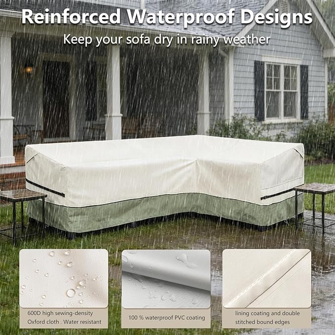 okcool Outdoor Sectional Sofa Cover Waterproof-L-Shaped Patio Furniture Covers for 4-Seater Outdoor Sectional Furniture Couch 85”W (Back Length) x 58”W (Right Side),White&Grayish Green