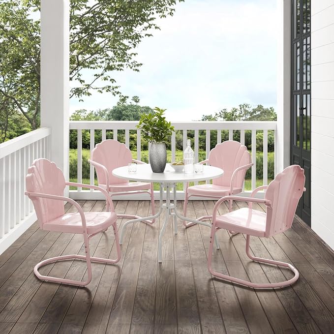 HomeStock Outdoor Metal Dining Set - 5 Piece Patio Table & Chairs - Pink & White