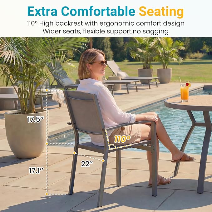 FansaFurn Patio Table and Chairs Set for 4, Outdoor Patio Furniture Set with Metal Textilene Chairs and Aluminum Table, All-Weather Outdoor Dining Set with HDPS Round Tabletop for Patio Porch