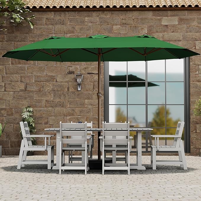 BRIOPAWS 15-FT-Large-Patio-Umbrella-with-Base | Double-Sided | Outdoor Table Umbrellas | w/Crank Handle | 12 Sturdy Fiberglass Rib | UV-Protection | for Garden Deck Backyard Pool | Forest Green