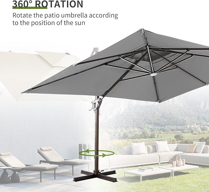 JZAC & QZYD 10X13 FT Outdoor Cantilever Patio Umbrella with LED Lights, Large Heavy Duty 2-Tier Aluminum Offset Umbrellas with 360-Degree Rotation for Pool Deck, Grey