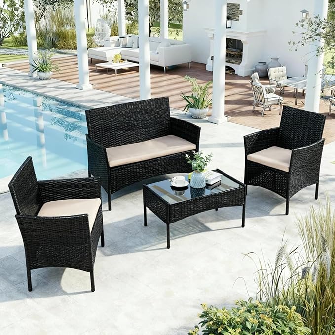 JAMFLY 4-Piece Outdoor Patio Furniture Set, PE Wicker Conversation Kit with Tempered Glass Table, All-Weather Seating for Small Porch, Balcony & Poolside, Washable Cushions, Black