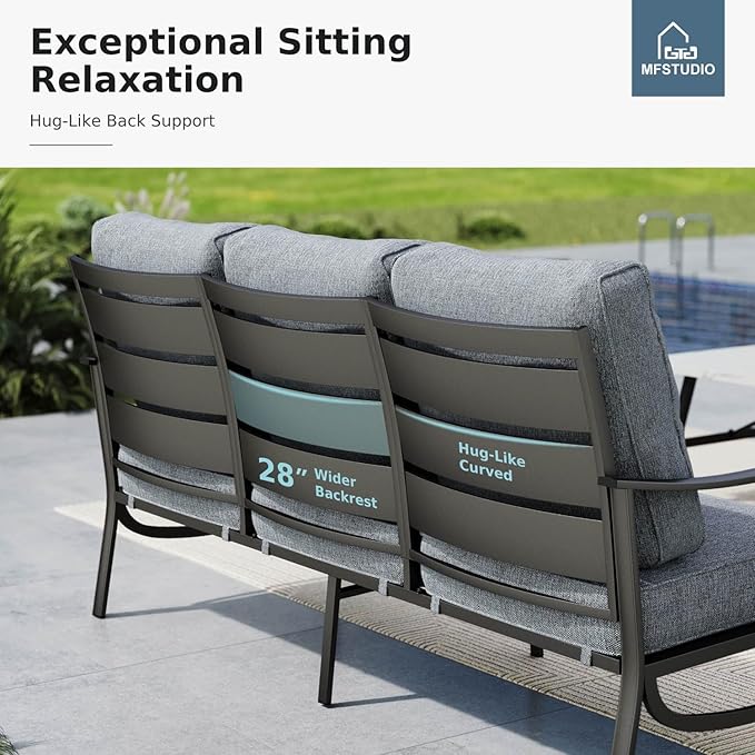 MFSTUDIO 6 Pieces Patio Furniture Sets with 45" Gas Fire Pit Table(Up to 7 Seat),Outdoor Metal Frame Patio Conversation Sofas with 1 x 3-Seat Sofa, 2 Swivel Chairs and 2 Ottoman, Grey Cushion