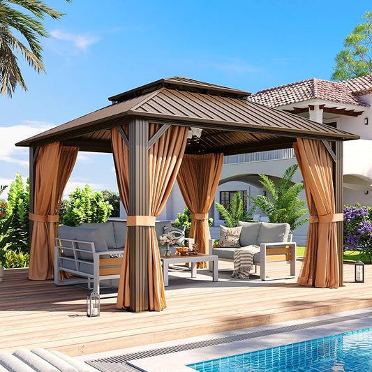 Aoxun 12’x12’ Outdoor Gazebo, Heavy Duty Canopy Pavilion with Ventilated Double Roof, Patio Pergola with Netting and Curtains for Backyard, Garden, Deck (Brown)