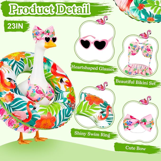 Porch Goose Summer Outfit, 23 Inch Hawaiian Bikini Costume, Accessories Include Bow, Sunglasses & Swim Ring, Fits Cement Goose Statue for Garden Patio Yard Outdoor Decor (Flamingo)