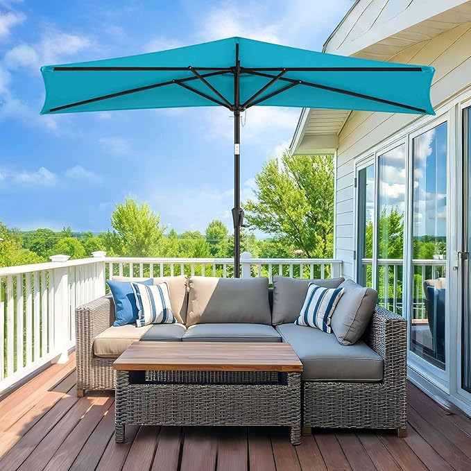 9ft Half Umbrellas Outdoor - Half Patio Umbrella with Tilt, UV Protection Waterproof, Half Round Umbrella for Wall Balcony, Pool, Porch, Garden, Deck, Backyard (Aqua Blue)