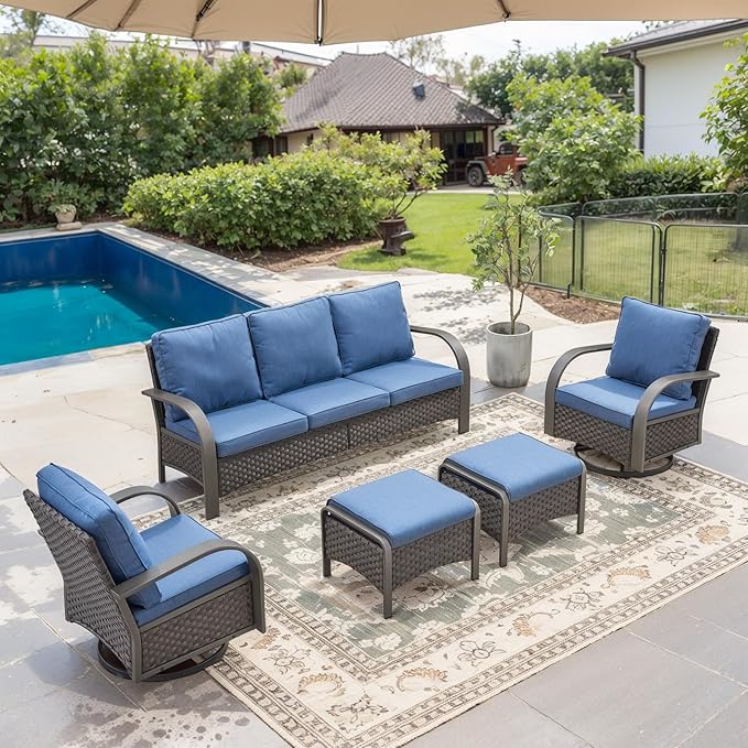 Belord 5-Piece Outdoor Patio Furniture Set All-Weather Wicker Couch with Swivel Rocker Outdoor Chairs and Multi-Functional Ottomans, Patio Conversation Set for Backyard Garden Balcony