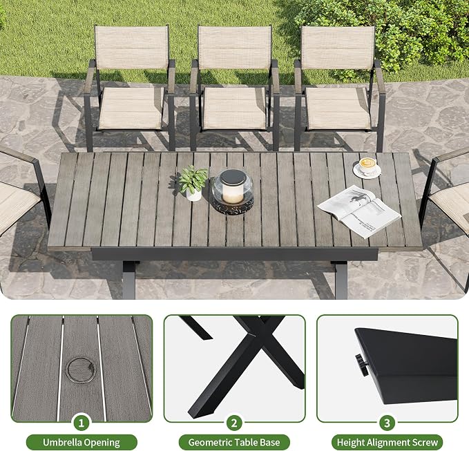 Outdoor Dining Set, 9 Piece Expandable Patio Dining Table and Textilene Chairs Set, Aluminum Patio Furniture Set for Table with Umbrella Hole and 8 Chairs for Patio, Garden, Lawn, Deck(Grey)