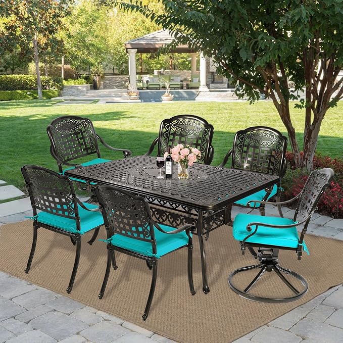 MEETWARM 7-Piece Outdoor Patio Dining Set, All-Weather Cast Aluminum Patio Conversation Set with 4 Stationary, 2 Swivel Rocker Chairs, 1 Rectangular Table, 6 Cushions, 2" Umbrella Hole, Ocean Blue