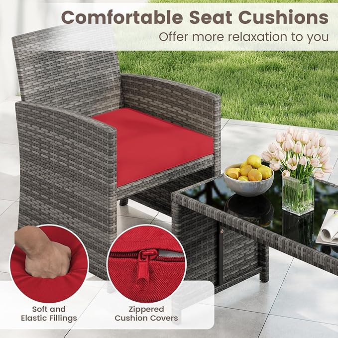 HAPPYGRILL 4 Piece Rattan Wicker Patio Conversation Set, Outdoor Furniture with Chair Loveseat Table & Cushion, for Backyard Porch Balcony (1, Red)