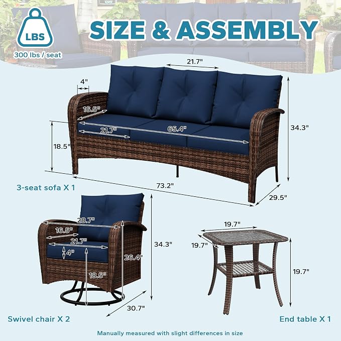 4 Pieces Patio Set, 73" Rattan Loveseat Sofa, Coffee Table, Wicker Swivel Glider Chairs, Cushion with Water Resistant Cover, Outdoor Conversation Furniture, Couch for Sunroom (Navy Blue)